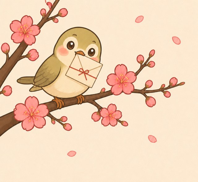 梅の枝にとまった鶯が、手紙をくわえている場面のイラスト